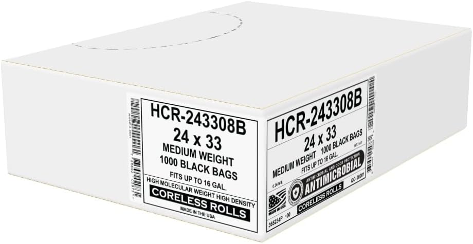 Aluf Plastics High Density Trash Bags, 16 Gallon, 1000 Count, 8 Micron (eq), 24" x 33", Black, for Bathroom, Office, Industrial, Commercial, Janitorial, Municipal, Recycling