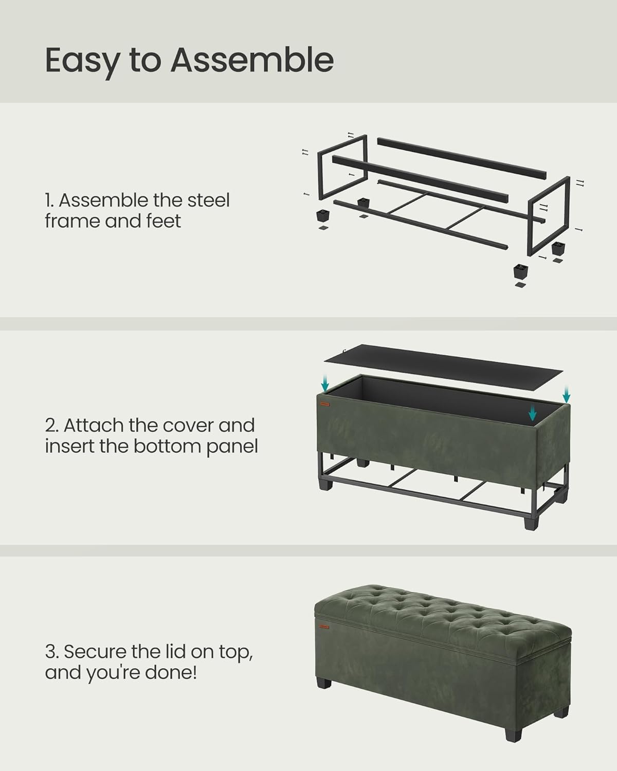 SONGMICS Velvet Storage Ottoman Bench, Foot Rest with Legs, 15.7 x 43 x 15.7 Inches, End of Bed Bench, Storage Chest, Load up to 660 lb, for Living Room, Bedroom, Entryway, Forest Green ULSF089C01