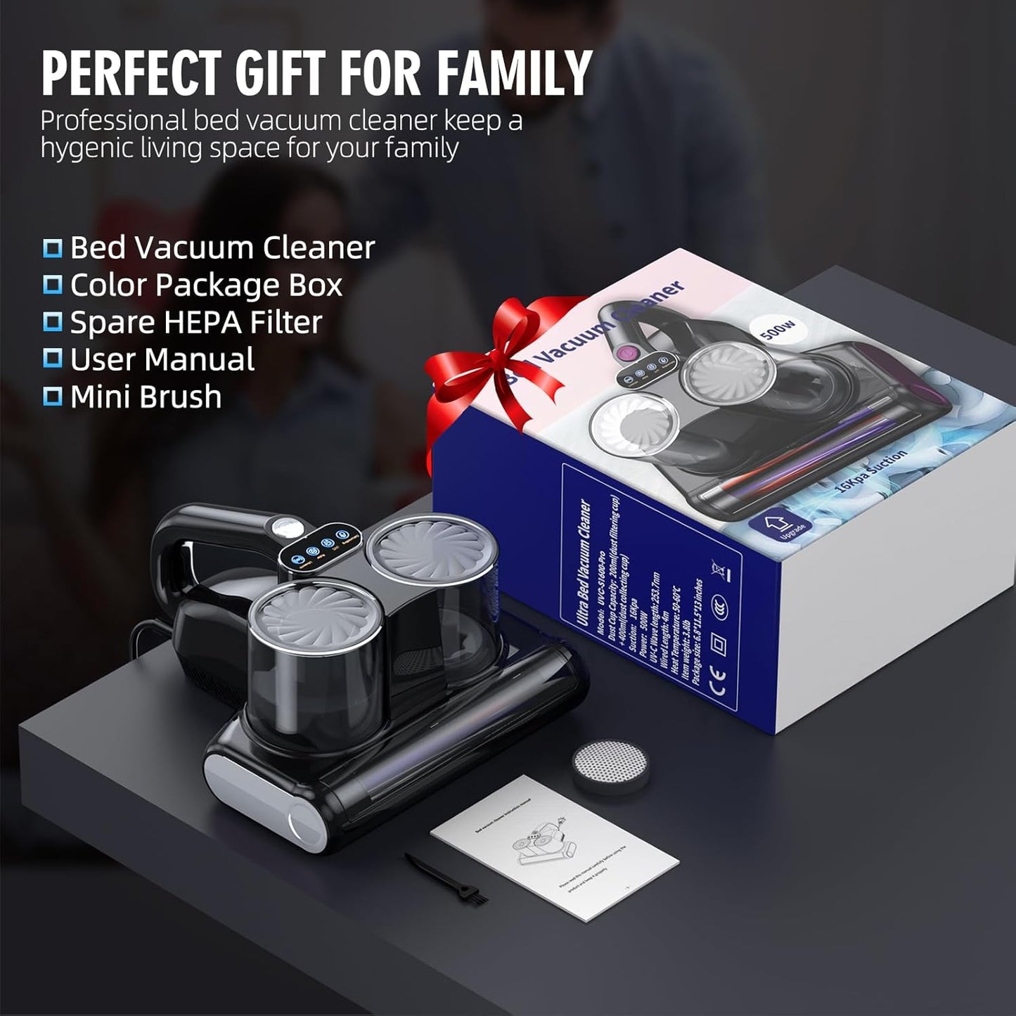 Mattress Vacuum Cleaner, 16Kpa Bed Vacuum Cleaner with 253.7nm UV-C Light & Heating & Ultrasonic Quintuple Tech & 30000 RPM/Min Brushroll Rotation, 500W, Corded