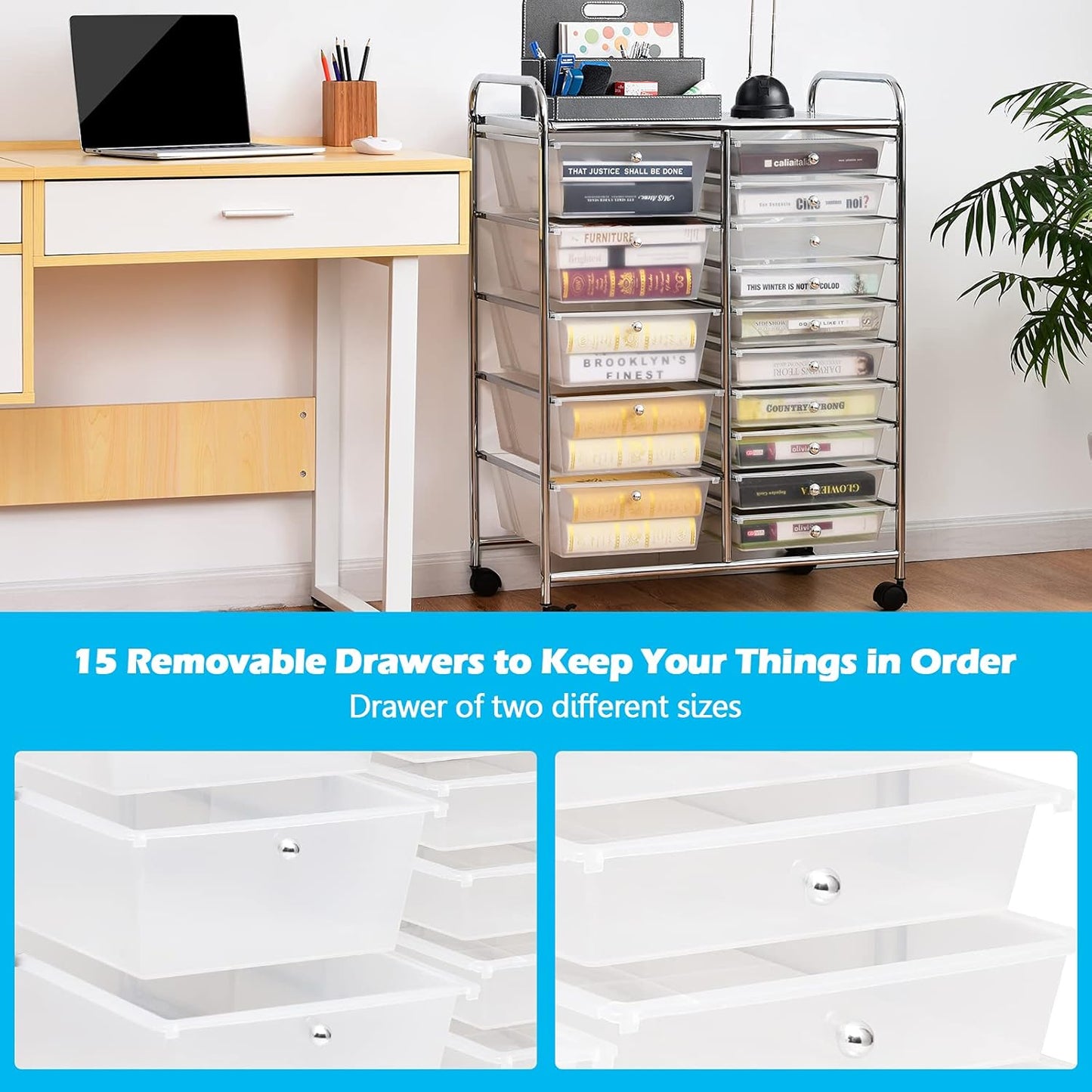 GOFLAME 15-Drawer Rolling Storage Cart, Multipurpose Movable Organizer, Utility Cart for Home, Office, School, Clear