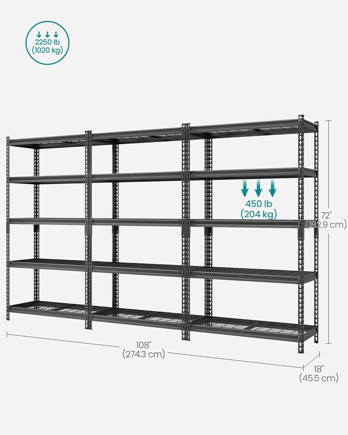 SONGMICS 5-Tier Storage Shelves, Heavy-Duty Garage Shelving, Adjustable Shelving Unit, Steel Shelf, Boltless Assembly, for Garage, 2,250 lb Load, 18 x 108 x 72 Inches, Ink Black UGLR453B03