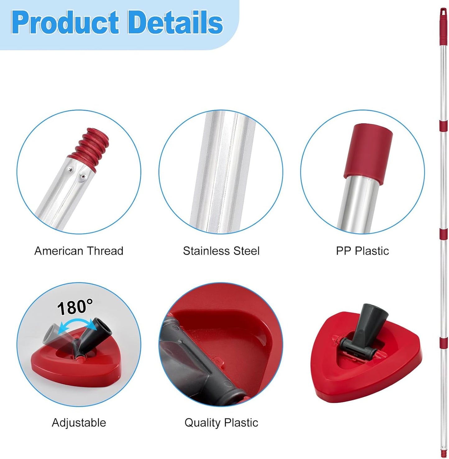 Mop Handle for Ocedar, Mop Handle for O Cedar, Spin Mop Replacement Handle for O Cedar, 4-Section Spin Mop Handles and Base for Ocedar, 30" to 58" Mop Stick Pole Handle and Base for Ocedar Spin Mop