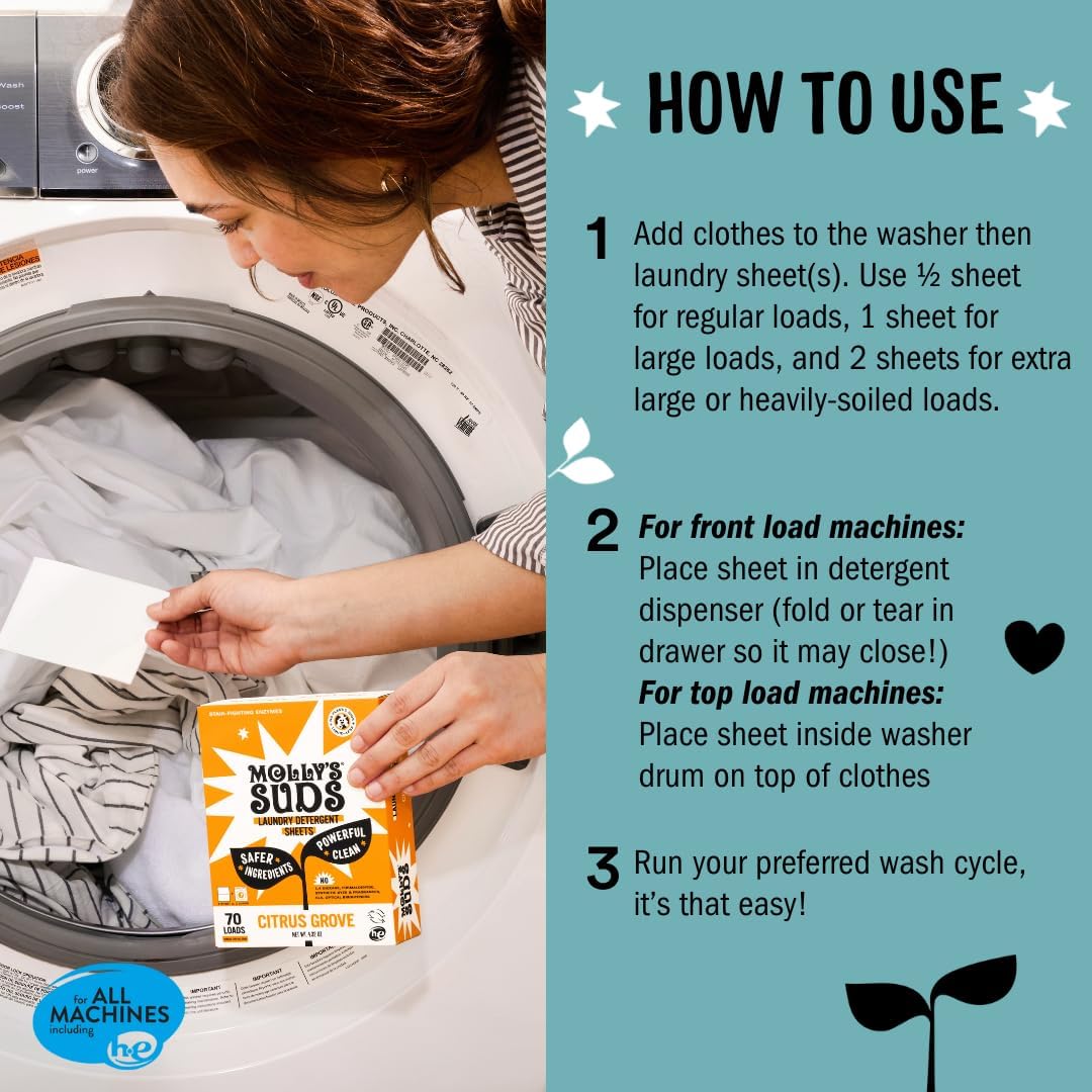 Molly’s Suds Laundry Detergent Sheets | Gentle on Sensitive Skin, Powerful Bio-Based Enzymes, Stain-Fighting | Liquidless & Plastic-Free Packaging | 120 Loads (Unscented)