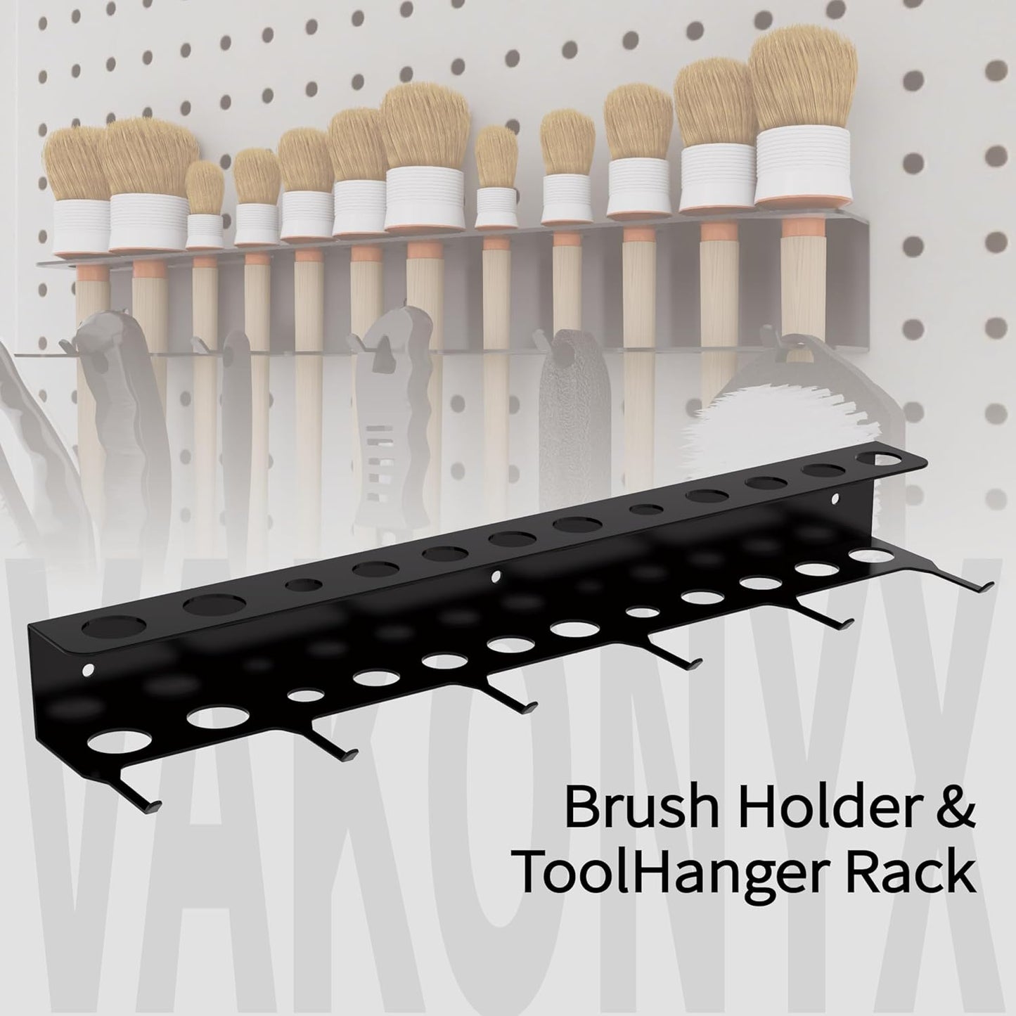 Wall Mount Brush Holder & Tool Hanger Rack for Garage, Detailing Organizer with Mounting Hardware - Holds 12 Brushes + Hooks for Towels & Tools