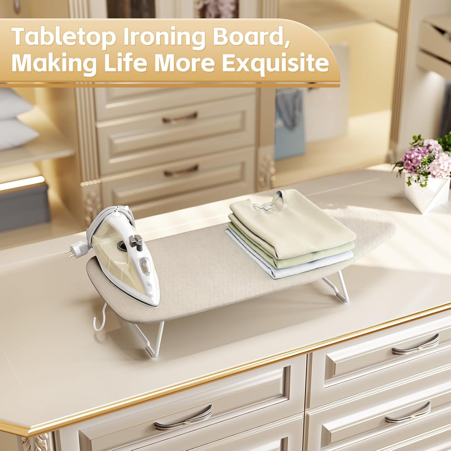 Small Ironing Board Tabletop with Heat Resistant Cover, Compact Mini Ironing Board with Metal mesh Frame, for dorms, aprtment and Travel, Hook for Hanging, Iron Board 30x12, Iron Table Stand Beige