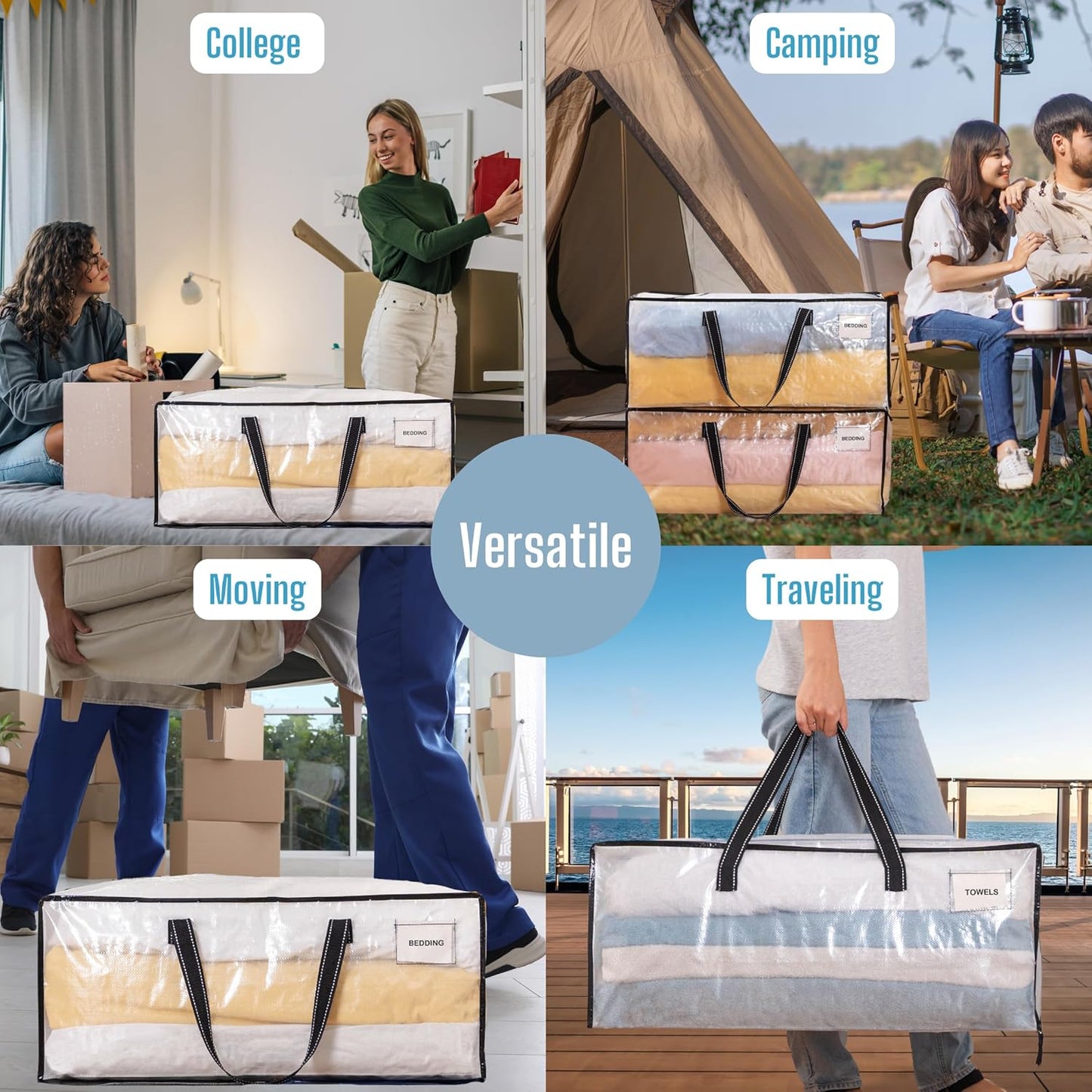 VENO 8 Pack Moving Bags Extra Large Storage Bags for College Move-In, Heavy-Duty Storage Totes, Packing Boxes, and Wardrobe Moving Supplies - Durable Laundry Bags for Clothes (Clear, 8 Pack)