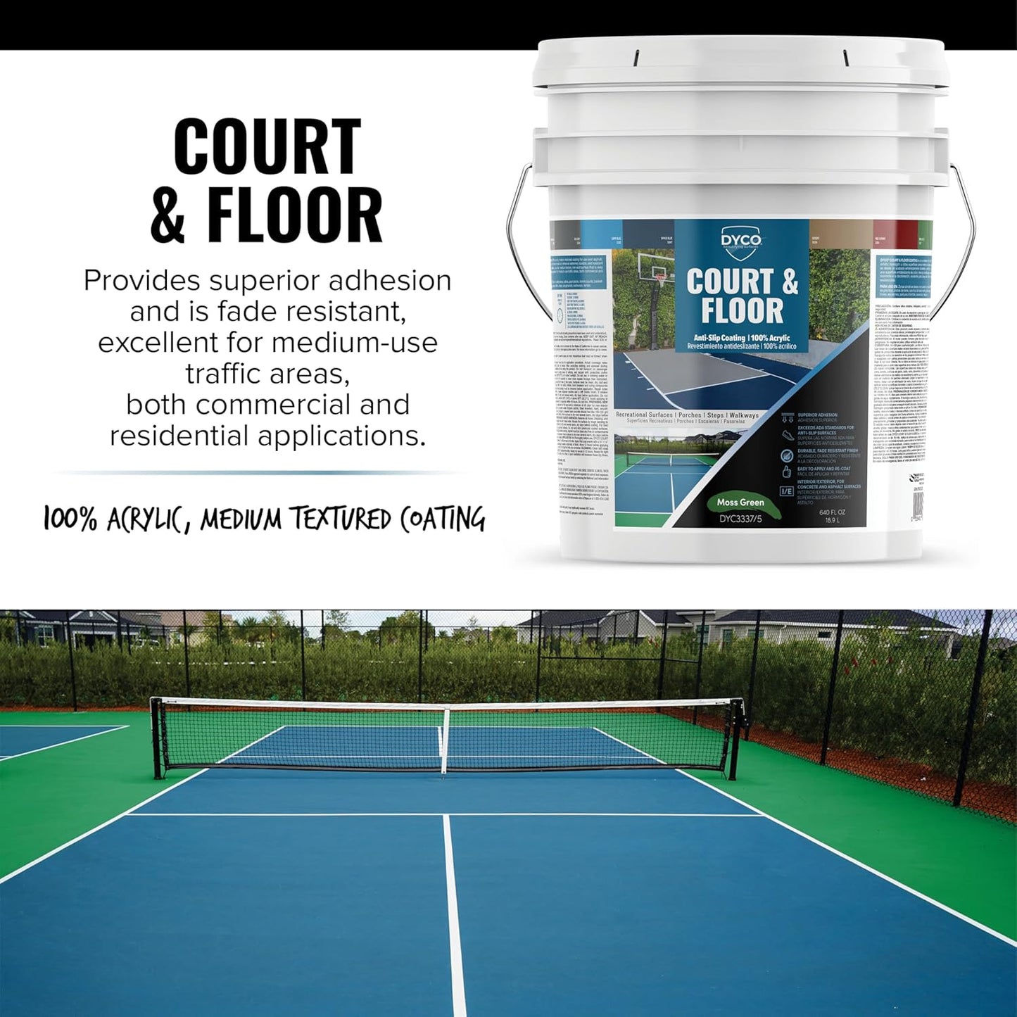 DYCO Court & Floor Anti-Slip Coating - Slip Resistant Pavement, Cement & Concrete Paint for Pickleball, Tennis & Basketball Courts, Exceeds ADA Standards for Safety Areas (Moss Green, 5 Gallons)