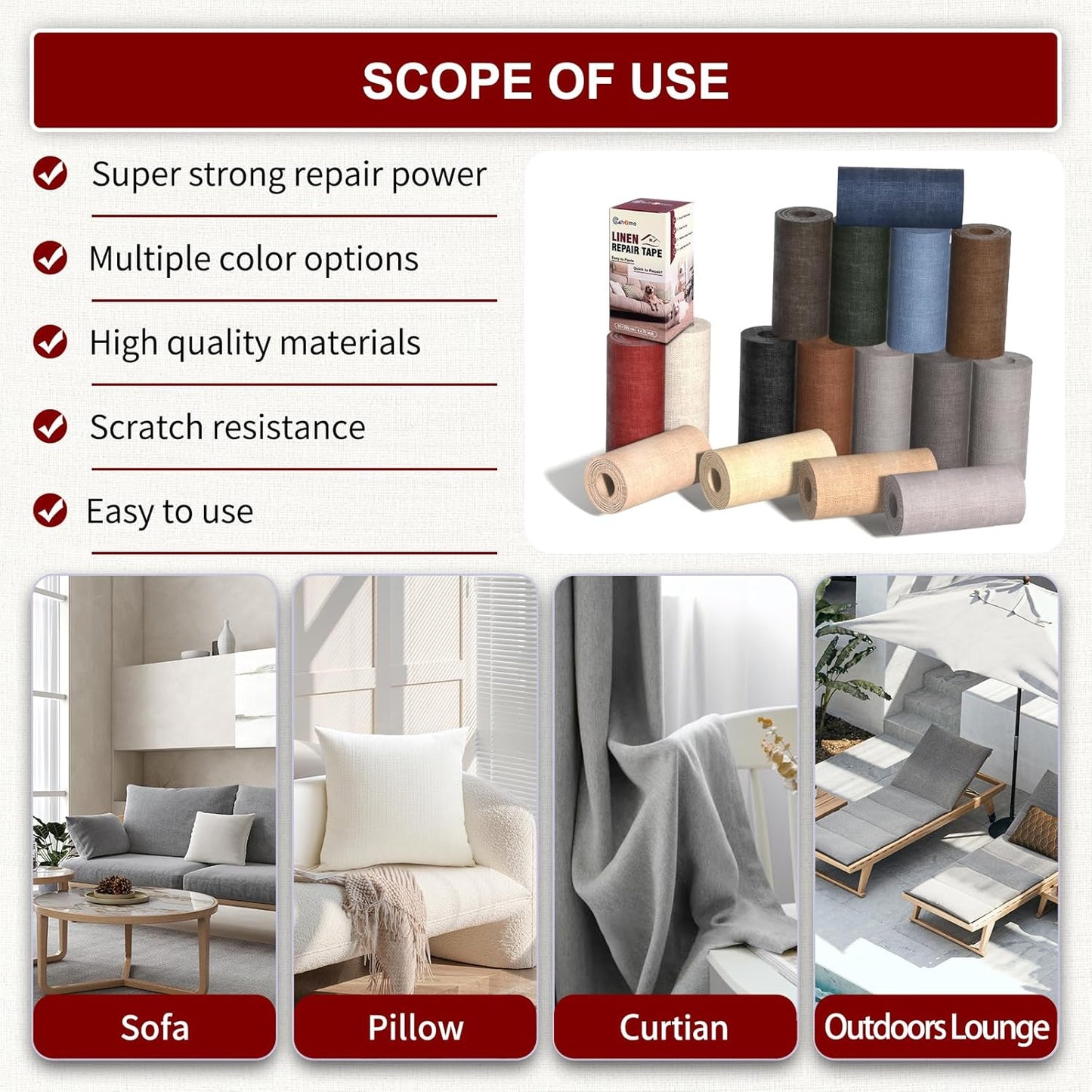 Linen Repair Tape 4x79 inch, Self Adhesive Fabric Patches, Linen Patch Tape Kit, Fabric Repair Tape for Couch Sofas, Headboards, Chairs, Pillows, Curtains, Couches - Beige