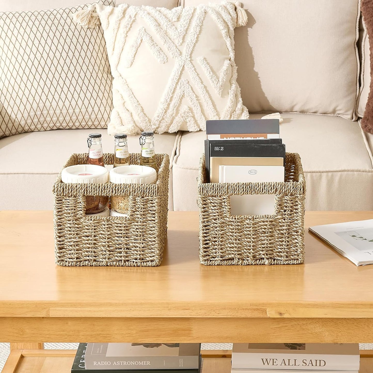 Seagrass Wicker Basket, Decorative Woven Baskets with Built-in Handles, Hand-woven Storage Organizer for Organizing Pantry, Shelves, Laundry, Livingroom, Bedroom, Toilet(2-PACK, Natural)