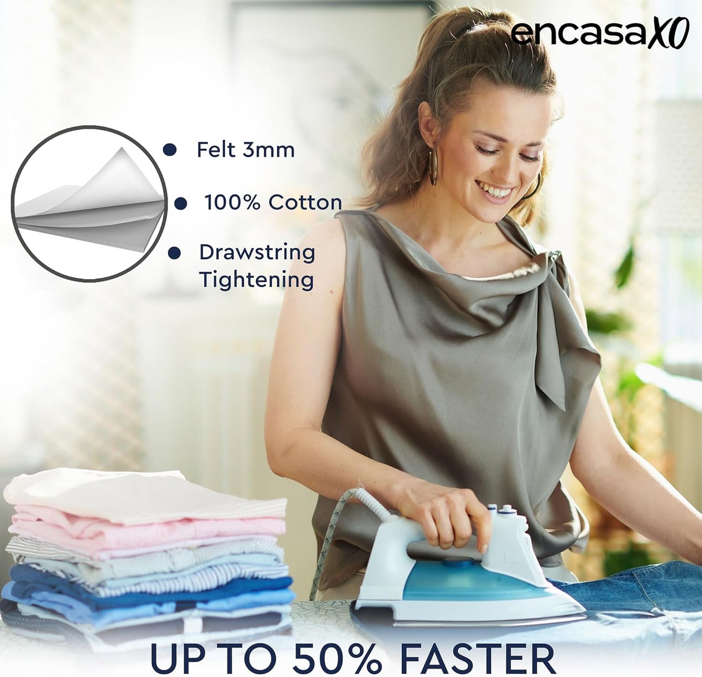 Encasa XO Ironing Board Cover and Pad 54"x15" - Thick 3mm Felt Padding, Drawstring Tightening & Lock, Easy Fit, Scorch & Stain Resistant, Fits Standard Large Ironing Board - Yellow Moon