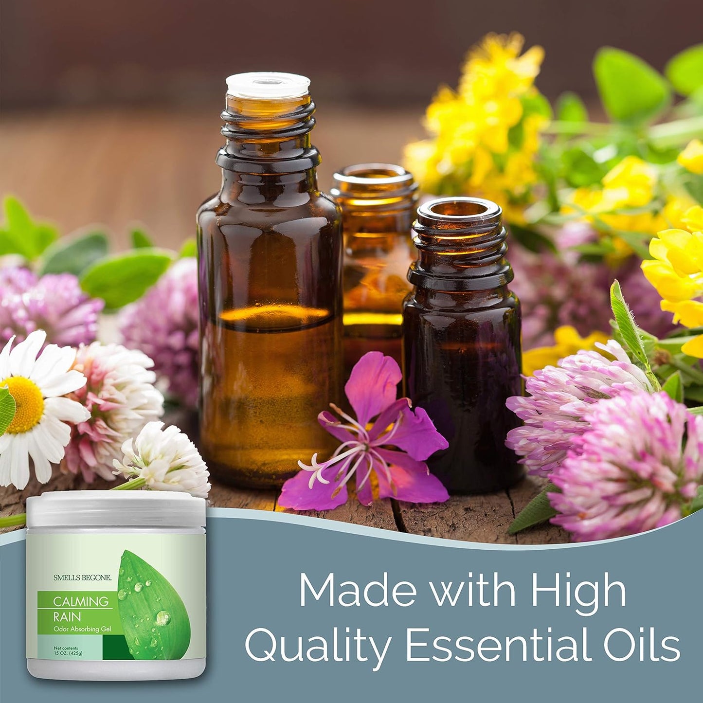 SMELLS BEGONE Air Freshener Odor Absorber Gel - Absorbs Odor from Bathrooms, Cars, Pet Areas, Boats & RVs - Made with Essential Oils - Calming Rain Scent