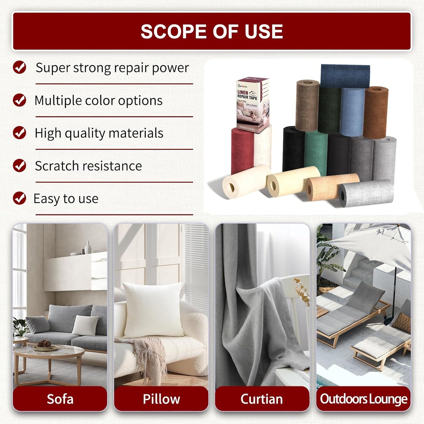 Linen Repair Tape 16x90 inch, Self Adhesive Fabric Patches, Linen Patch Tape Kit, Fabric Repair Tape for Couch Sofas, Headboards, Chairs, Pillows, Curtains, Couches - Medium Grey