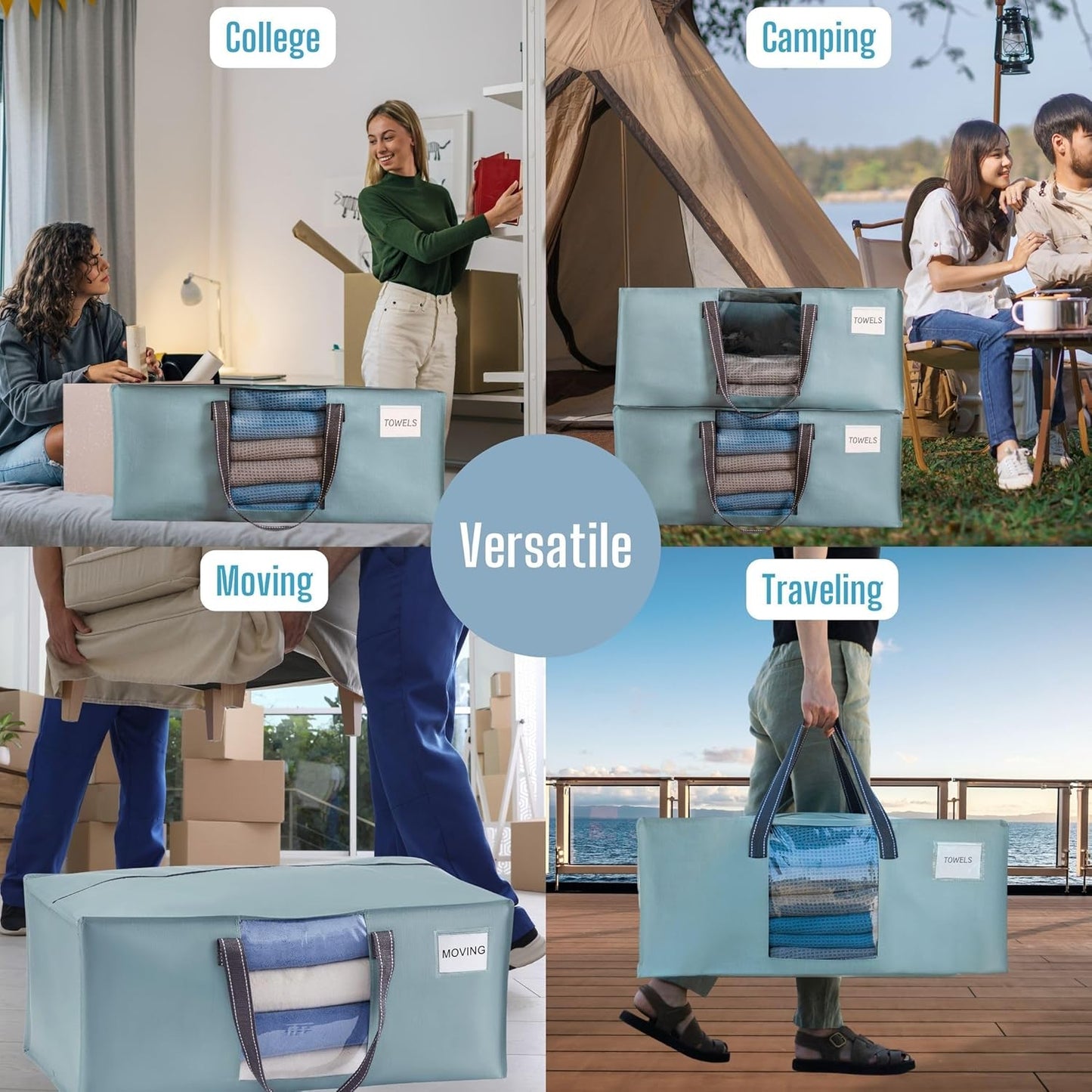 VENO 6 Pack Moving Bags for College, Heavy-Duty Storage Totes, Moving Boxes and Wardrobe Packing Supplies Alternative - Extra Large Durable Laundry Bags for Clothes (Light Blue Matte, 6 Pack)