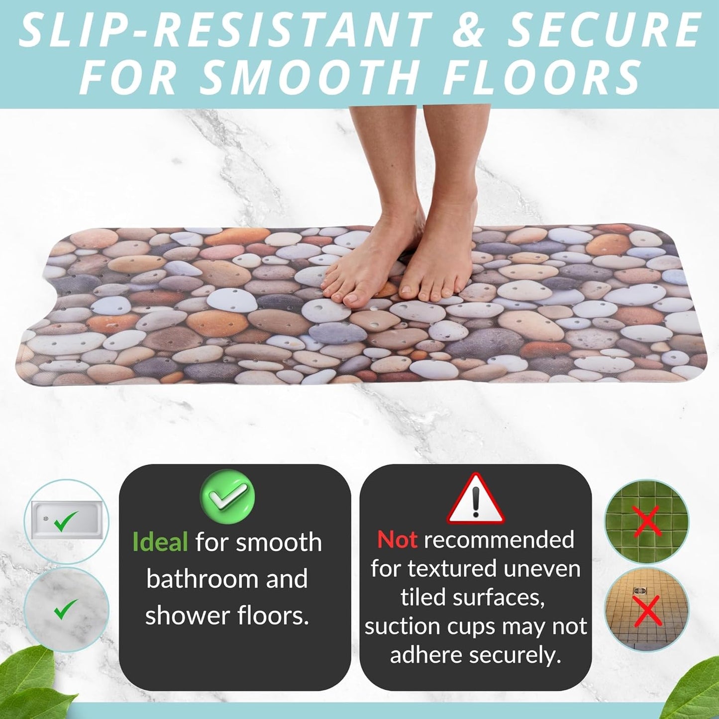 ENKOSI Bath Mat – Large 40 x 16 Inch Non-Slip Bathtub Mat with Suction Cups & Drain Holes – Extra Long Bathroom Shower Mat for Tub with Pebble Design (40x16 Pebble Stone)