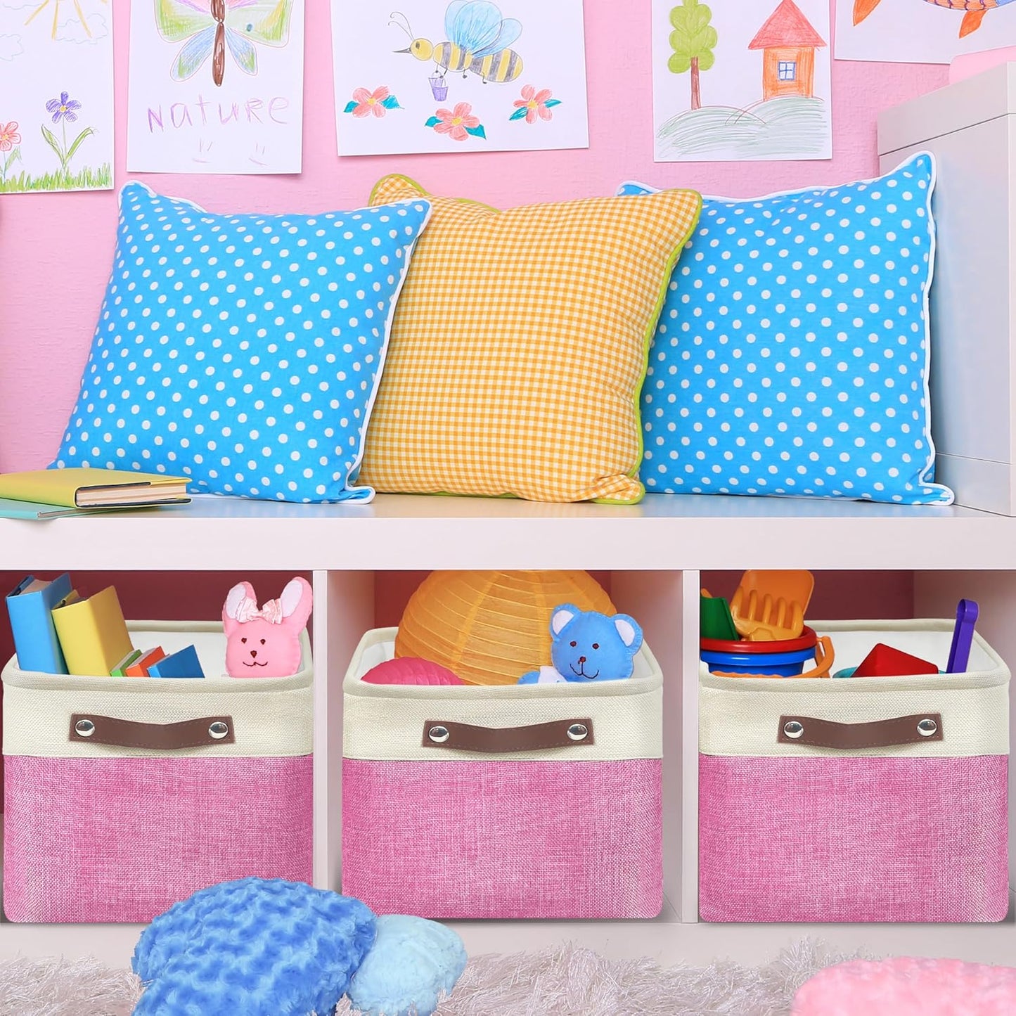 SIMPLE HOUSEWARE Large Fabric Storage Bin, 15" x 11" with Leather Like Handles, 3 Pack, Pink