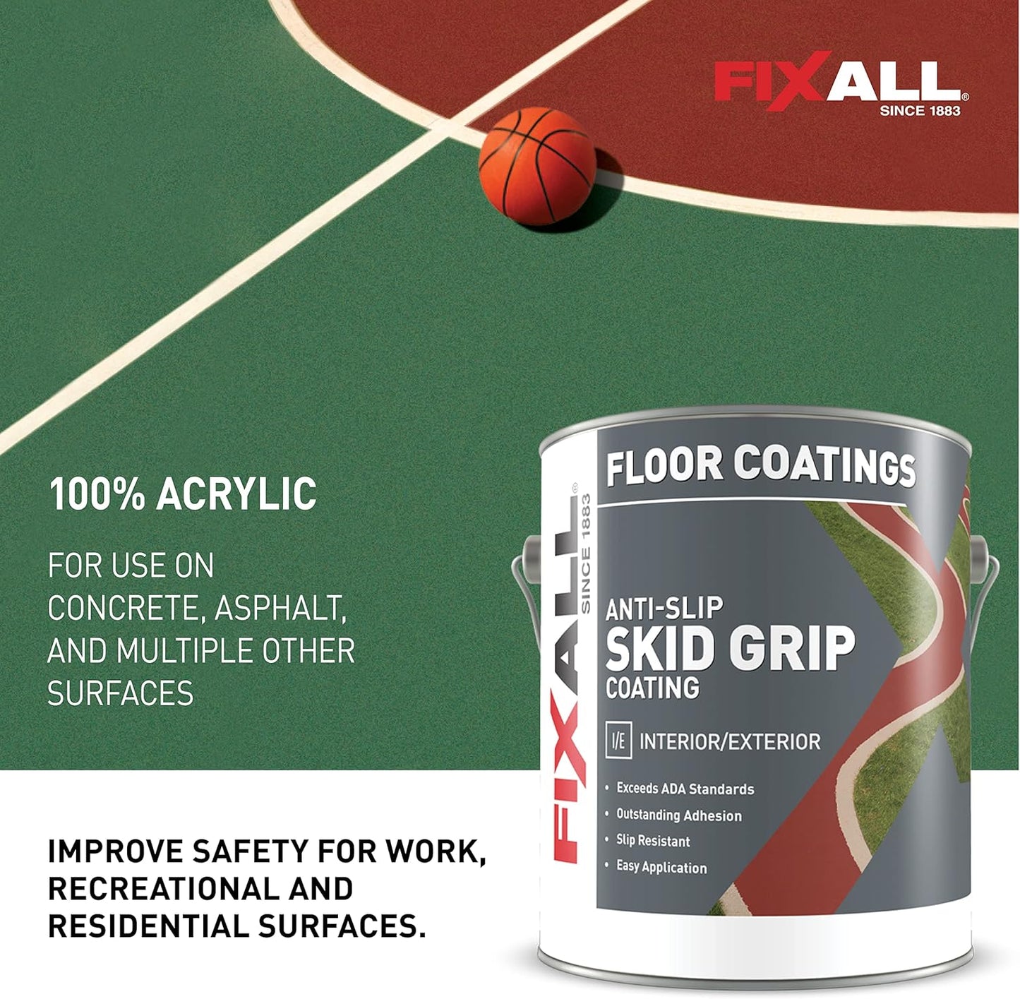 FIXALL Skid Grip Anti-Slip Coating, 1 Gallon, Crimson, Exceeds ADA Standards, Ideal for Safety Areas, Slip-Resistant Pavement, Cement & Concrete Paint