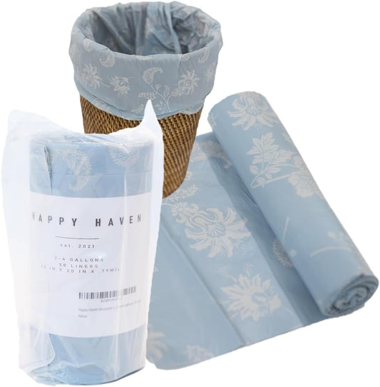 Happy Haven Bathroom Trash Bags for 2,3,4 Gallon Trash Can, Small Garbage Bags - Bedroom & Bathroom, Decorative Cute Wastebasket Liner - 50 Count (Light Blue Botanical)