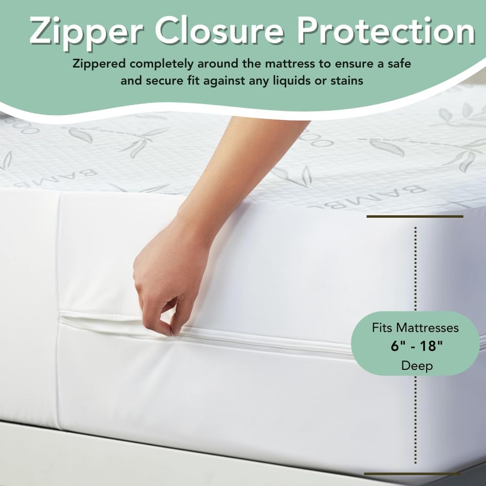 Bamboo Rayon Mattress Protector with Zipper + 2 Pillow Protectors - 100% Waterproof Cooling King Size Cover - Ultra Soft Fabric Breathable Noiseless Mattress Pad Covers Zippered Encasement