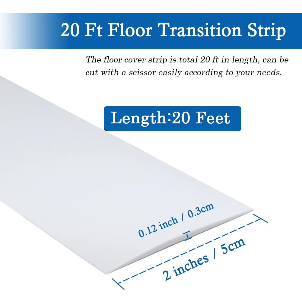 Floor Transition Strip Self Adhesive Floor Cover Strips Laminate 2" Wide Vinyl Flat Divider Transitions (5cm, 20Ft, White)