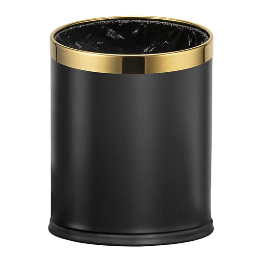 10L/2.6GAL Black and Gold Open Top Trash Can - Metal Trash Bin Without Lid for Office, Hotel, Store, Restaurant