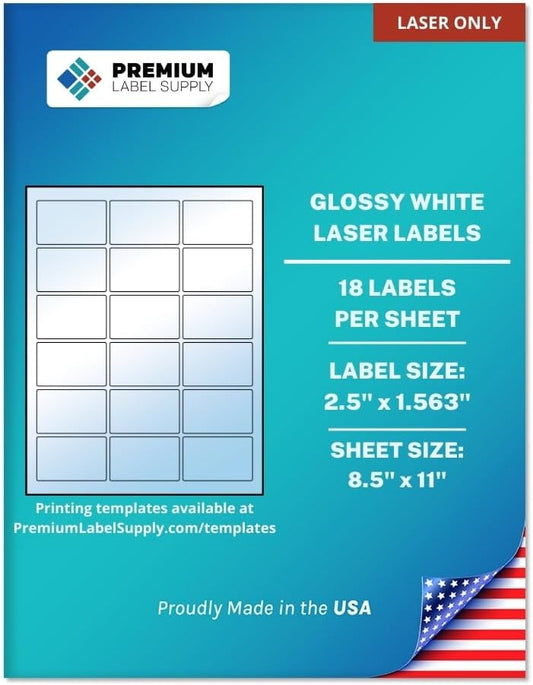 Premium Label Supply Glossy White Sticker Labels – 2.5" x 1.563" – (18 per Sheet) (Glossy White for Laser Only, 1,800 Labels)