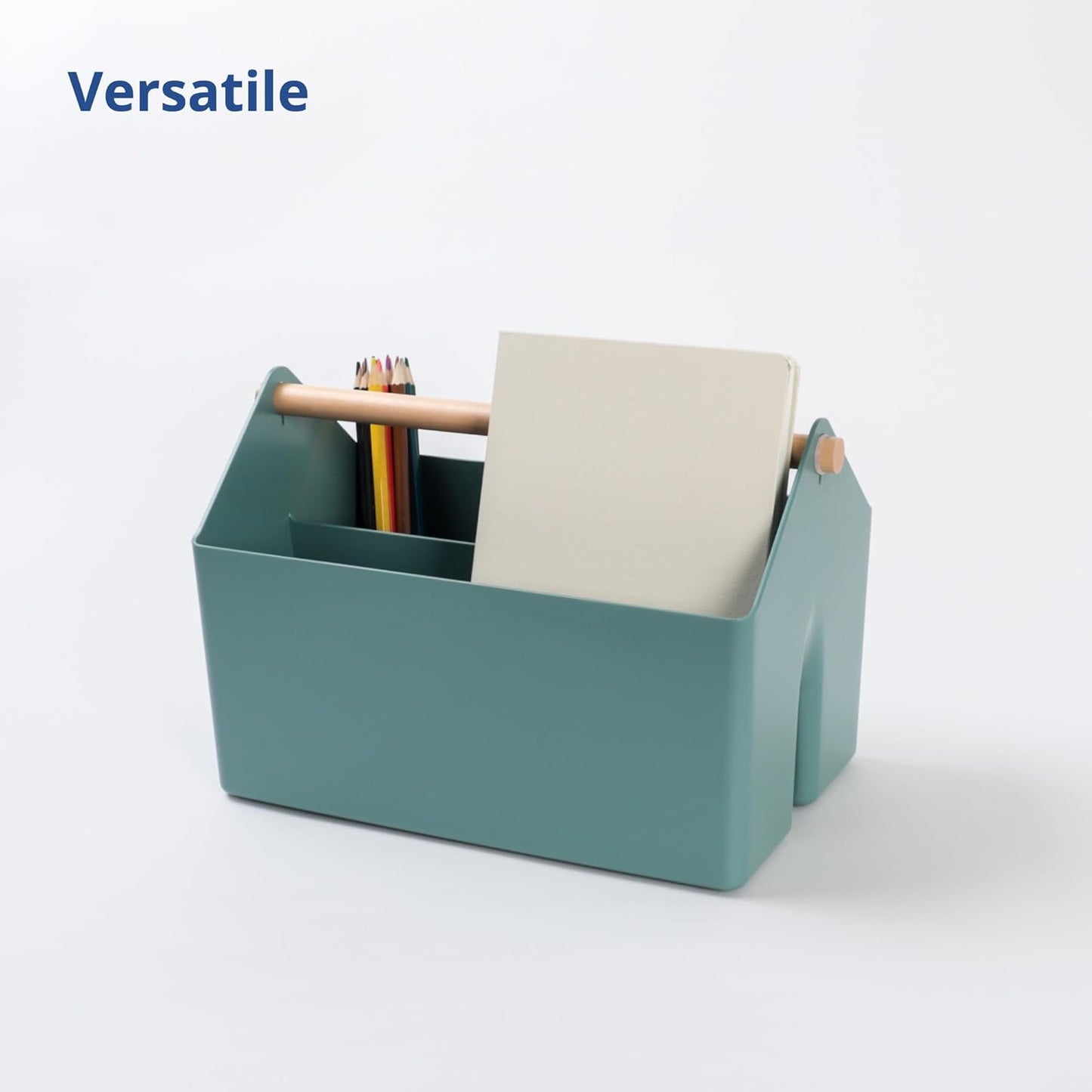 BLUE GINKGO Medium Storage Basket – Plastic Caddy with Wooden Handle for Office, Arts & Crafts, or Home Supplies (Green)