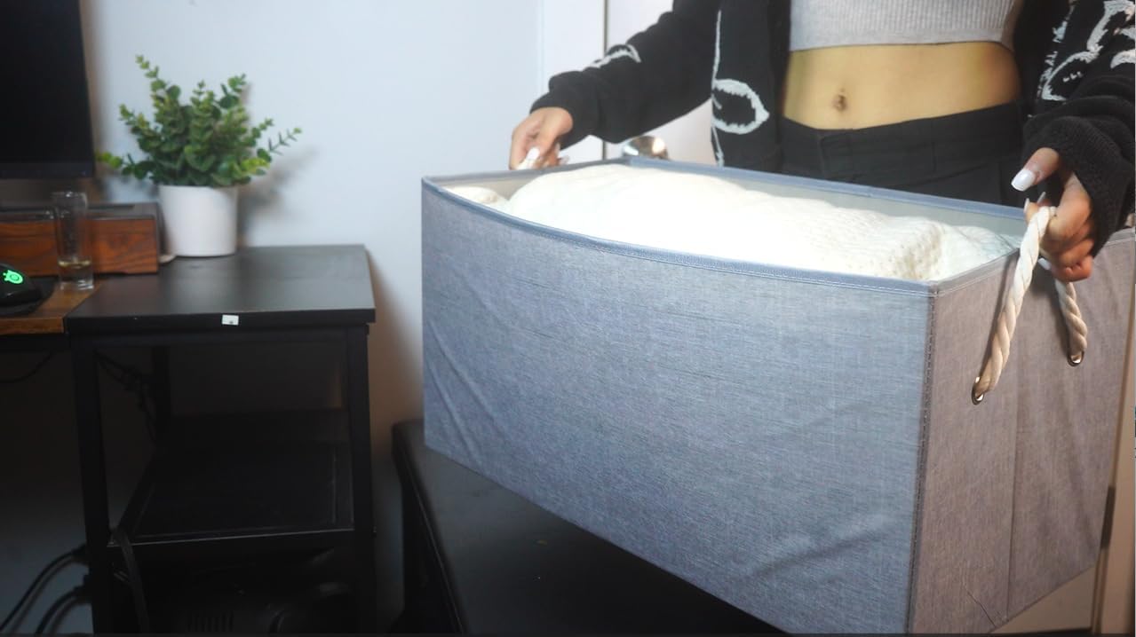 Storage Bins with Rope Handles, Gray Fabric Collapsible Storage Cubes, Large Decorative Storage Boxes for Organization, 2 Pack