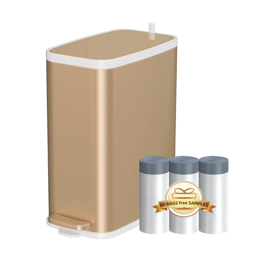 Champagne Gold Bathroom Trash Can with Lid Soft Close,1.6 Gallon Slim Garbage can,Small Metal Step Wastebasket for Office, Bedroom, Toilet, Live Room