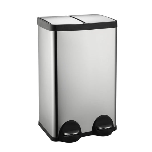 Dual Trash Can, 60 Liter/16 Gallon Dual Bin Trash Can with Lids, Trash and Recycling Bin Combo, Hands-Free Stainless Steel Kitchen Garbage Can, Silver Recycling Waste Bin for Home, Office