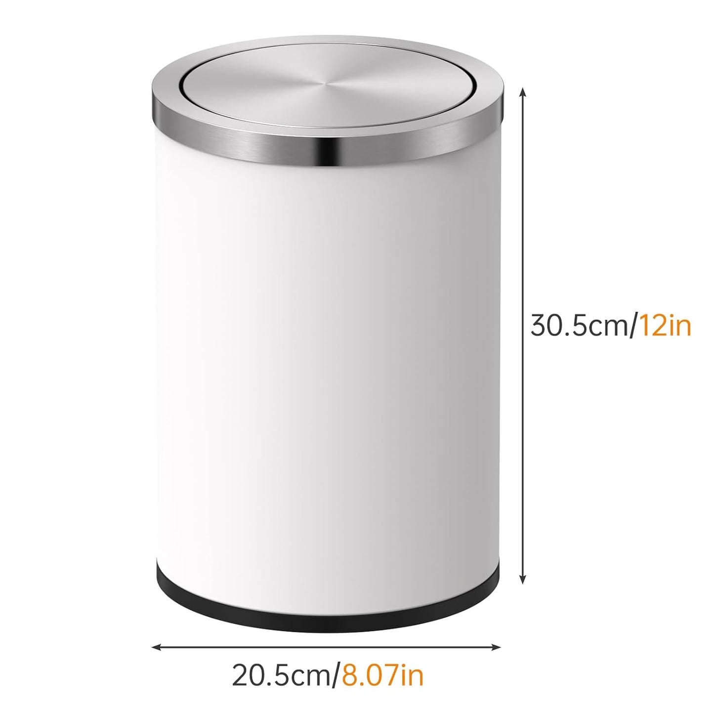 Mbillion Small Trash Can with Swing Lid 2.4 Gallons/9 Liter, Mini Trash Can with lid, Stainless Steel Cylindrical Garbage Can for Home and Office Bathroom Bedroom, for Ground and Desktop White