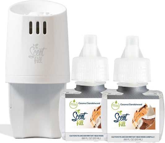 Scent Fill Coconut Sandalwood Plug in Air Freshener, Scented Oil Refills, 2 Refills + Diffuser