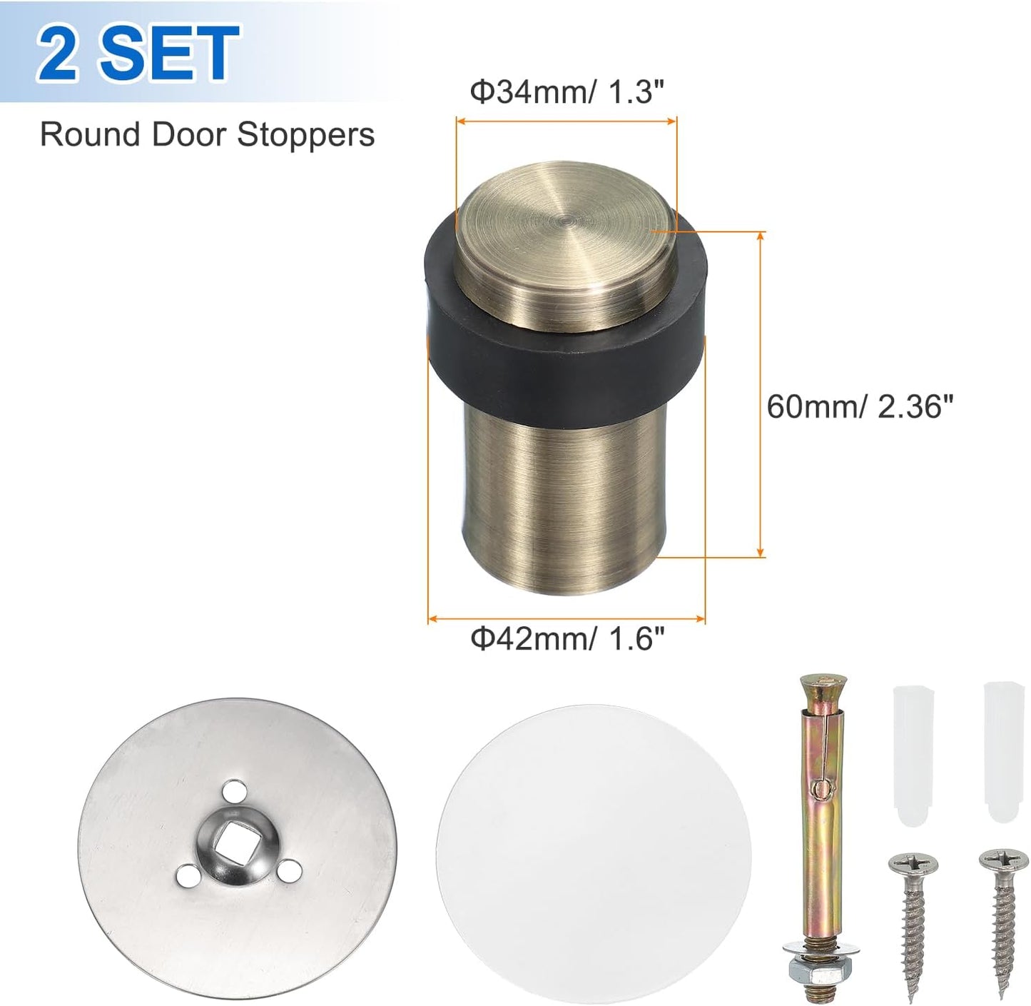 PATIKIL 2Set Round Door Stoppers, 60mm Stainless Steel Door Stop Doorstop Wedge Metal Cylinder Self Adhesive with Screw for Bottom of Door Floor Inside, Bronze