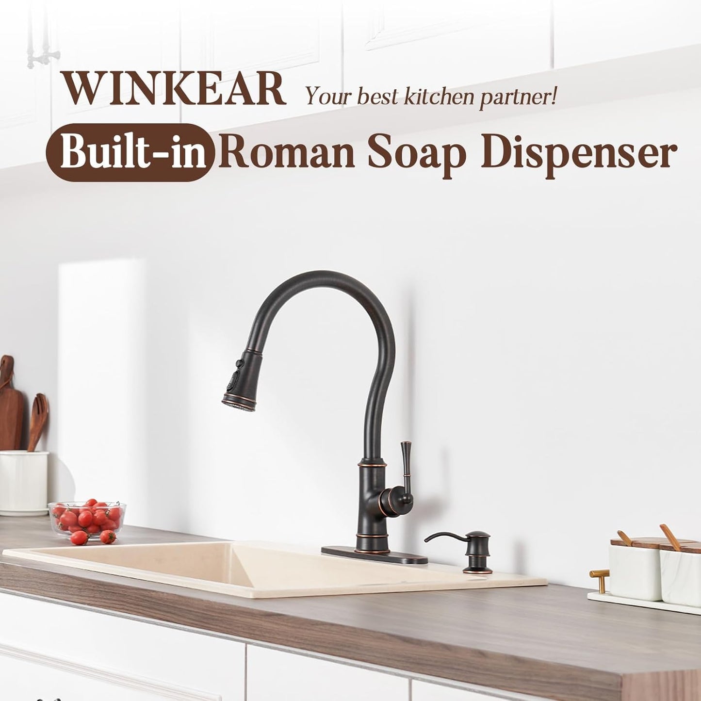 Built in Soap Dispenser for Kitchen Sink Countertop, Solid Brass Pump Head Long Spout with 10.2 Ounce PET Food Safe Material Lotion Bottle, Oil Rubber Bronze Finish