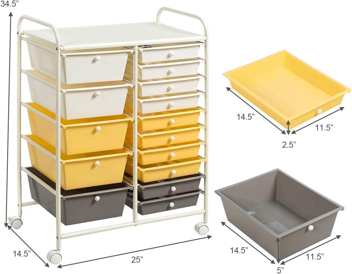 GOFLAME 15-Drawer Rolling Storage Cart, Multipurpose Movable Organizer, Utility Cart for Home, Office, School, Yellow