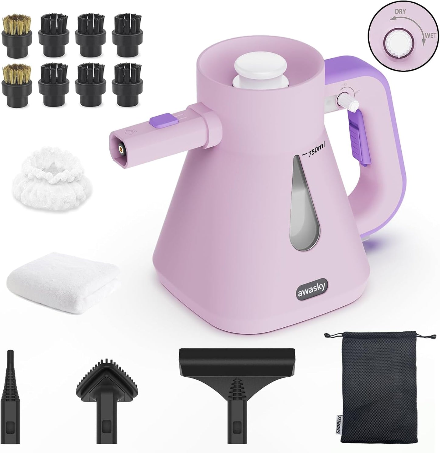 Steam Cleaner Handheld: 1200W Fast 10-Sec Heat-Up-750mL (25oz) Tank-No Cooling-Refill Anytime-Lockable Steam Trigger-14-Piece Kit Hand Held Steamer for Home Car Grout Tile Cleaning Pink