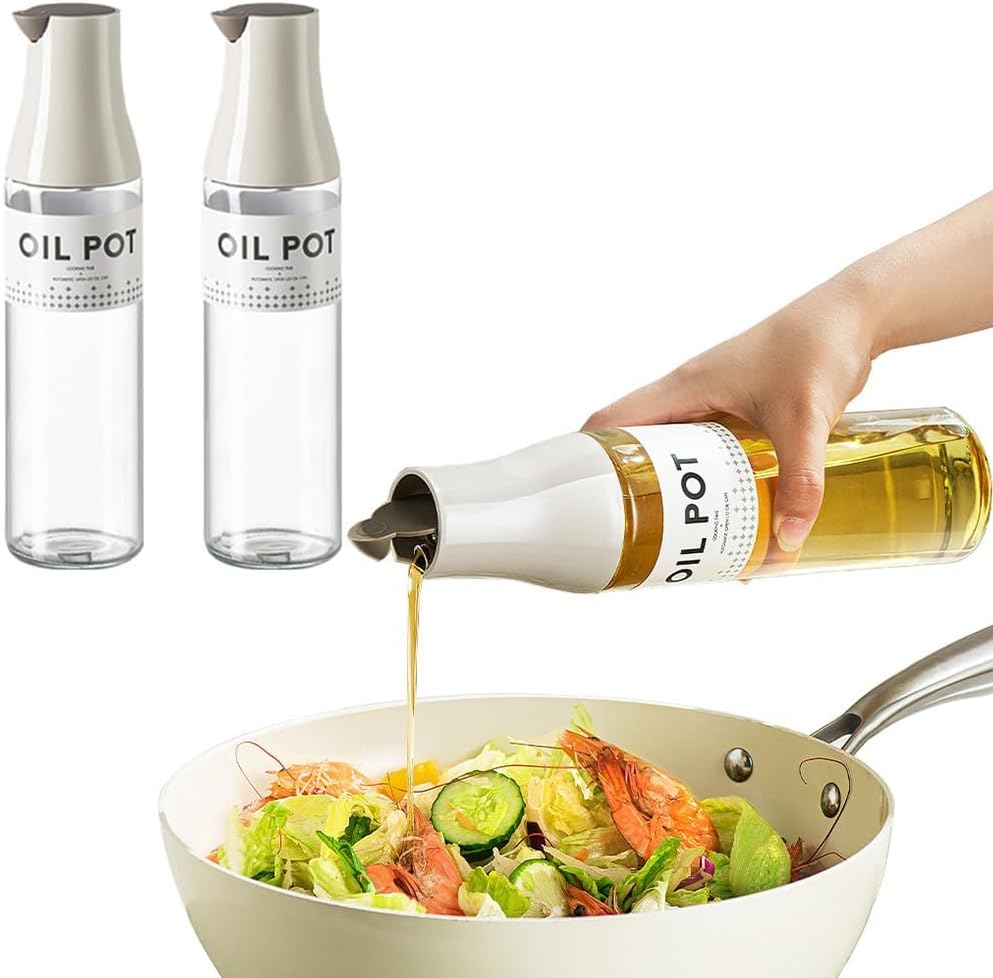 2 Pack Oil Dispenser for Kitchen, Auto Flip Non-Drip Design, Leak Proof, Oil Vinegar Dispenser Set, Glass Oil Bottle with 500ml Capacity, Warm Grey (2)