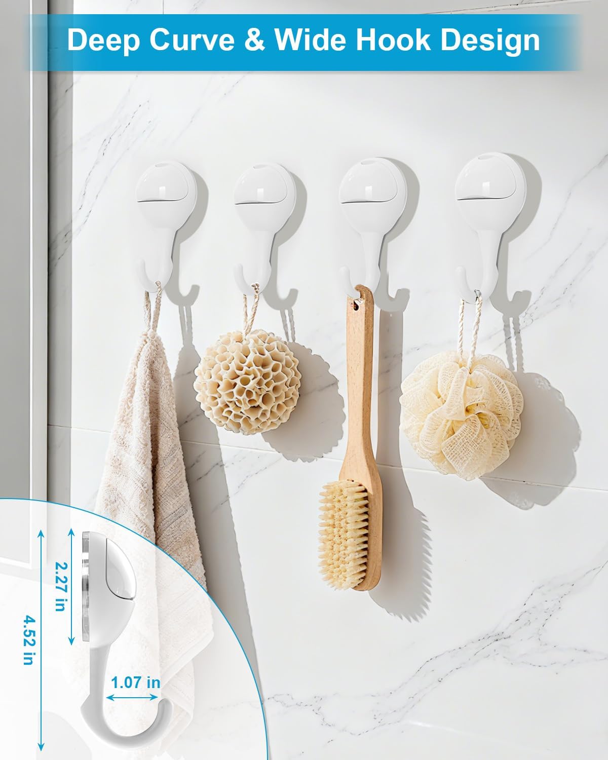 JOTPE 4-Pack Large Suction Cup Hooks for Shower, Removable Shower Hooks for Inside Showers with Deep Curve Hook, Suction Hook for Bathroom Wall Glass Window - Max Hanging up to 11 LB on Smooth Surface