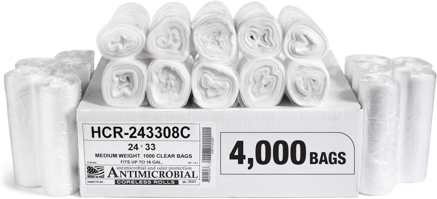 Aluf Plastics High Density Trash Bags, 16 Gallon, 4000 Count, 8 Micron (eq), 24" x 33", Clear, for Bathroom, Office, Industrial, Commercial, Janitorial, Municipal, Recycling