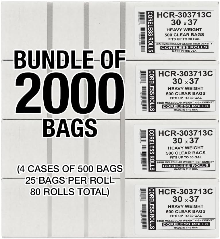 Aluf Plastics High Density Trash Bags, 20-30 Gallon, 2000 Count, 13 Micron (eq), 30" x 37", Clear, for Bathroom, Office, Industrial, Commercial, Janitorial, Municipal, Recycling