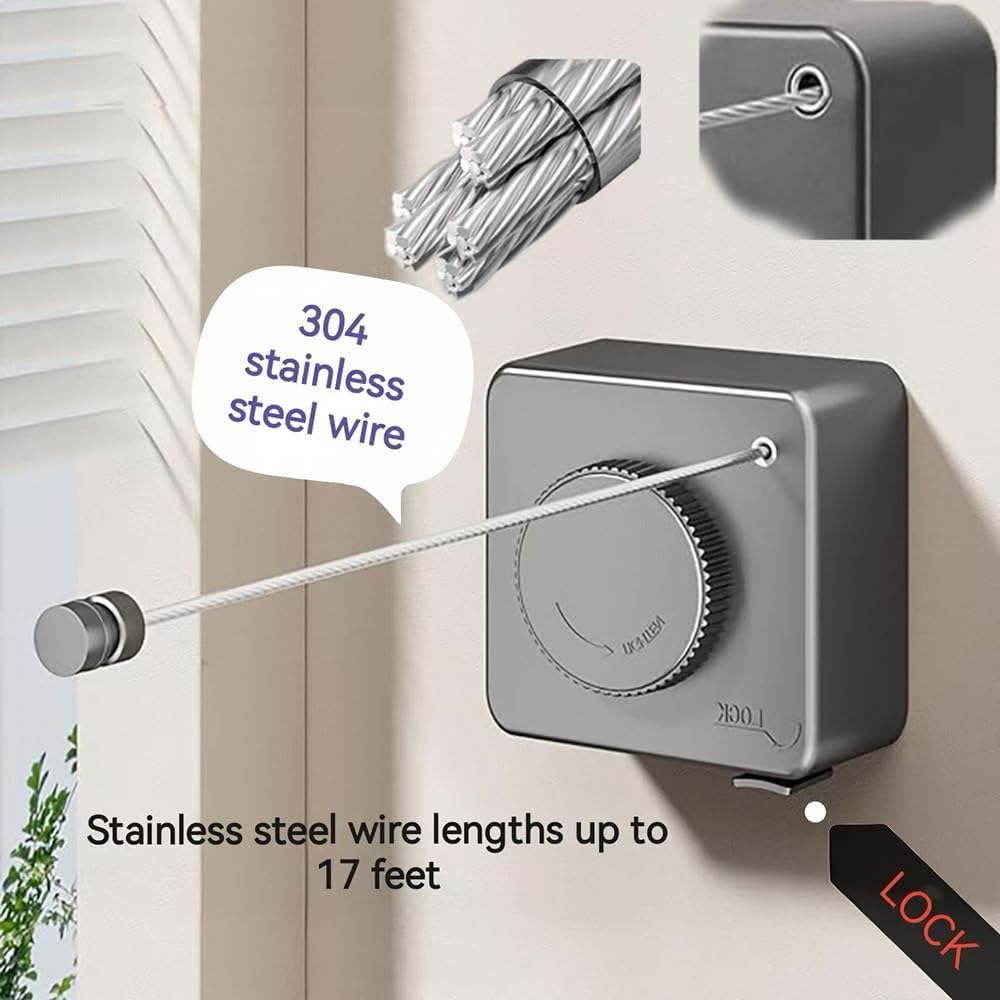 Retractable Clothesline, Wall Mounted, Stainless Steel, 17 Ft Indoor Outdoor (Light Gray)
