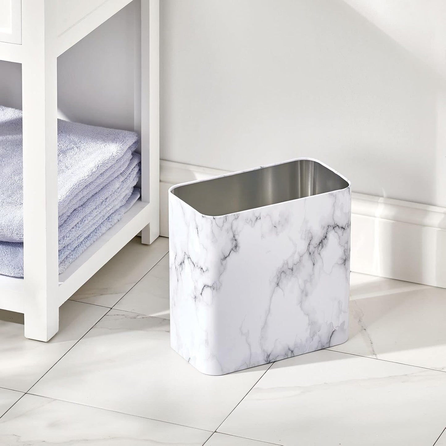 mDesign Metal Wastepaper Bin — Compact Rectangular Bathroom Bin — Rubbish Basket for Home and Office — Marble Coloured