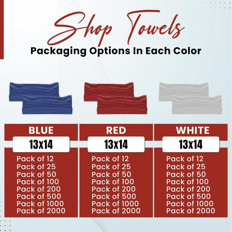 Shop Towels (Red, 50-Pack) - Bulk Cleaning Towel in a Bag, Mechanic Cotton Wipes for Car Maintenance, Auto Mechanics & Garage, Wipe Grease & Oil, Machine Wash & Reusable