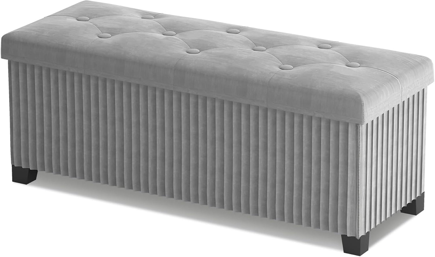 Storage Ottoman Bench, 43 Inch Foldable Ottoman with Legs, Velvet Foot Rest Stool, End of Bed Bench, Storage Chest for Living Room, Bedroom (Grey)