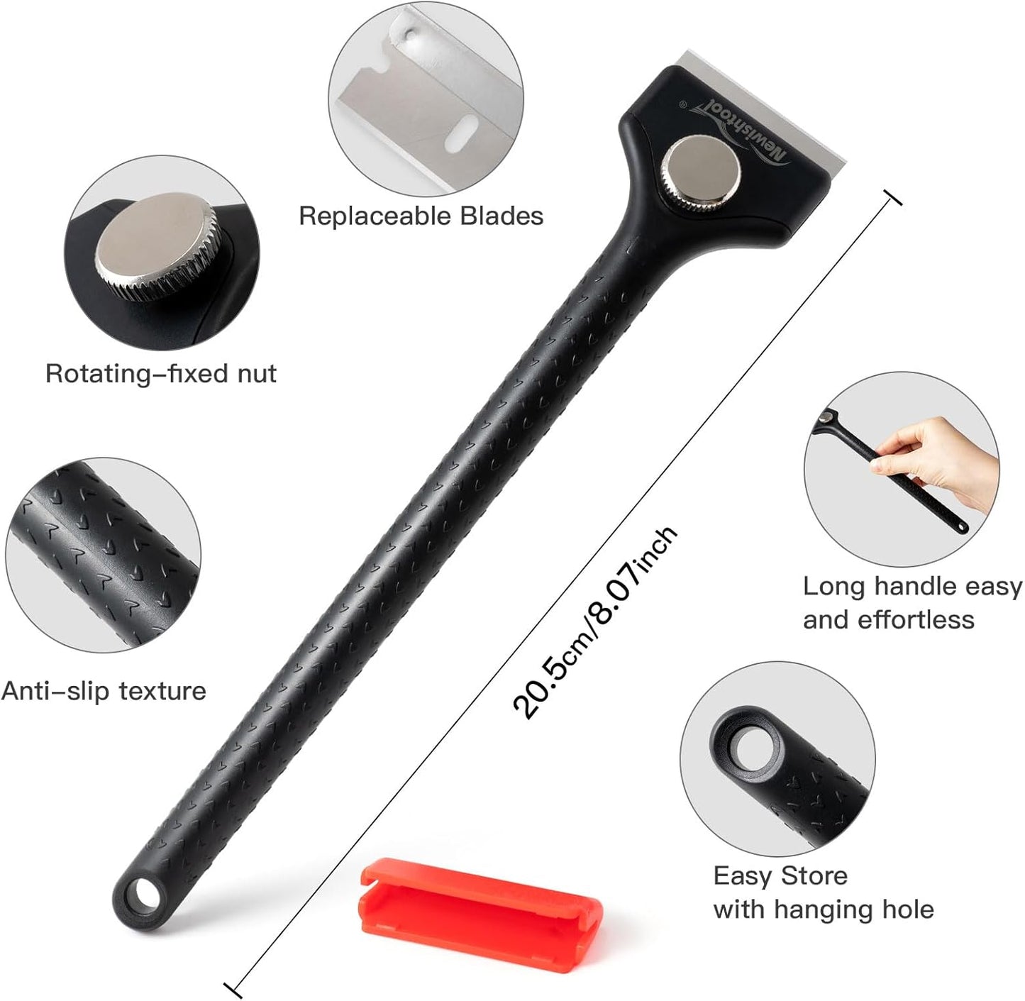 NEWISHTOOL Long Handle Scraper Tool Kit includes 2 Pcs Razor Blade Scraper and 20 PCS 1.5 inch Metal Razor Blades, Long Reach Sturdy Scraper Tool for Glue Residue Label Sticker Removal Oven Cleaning