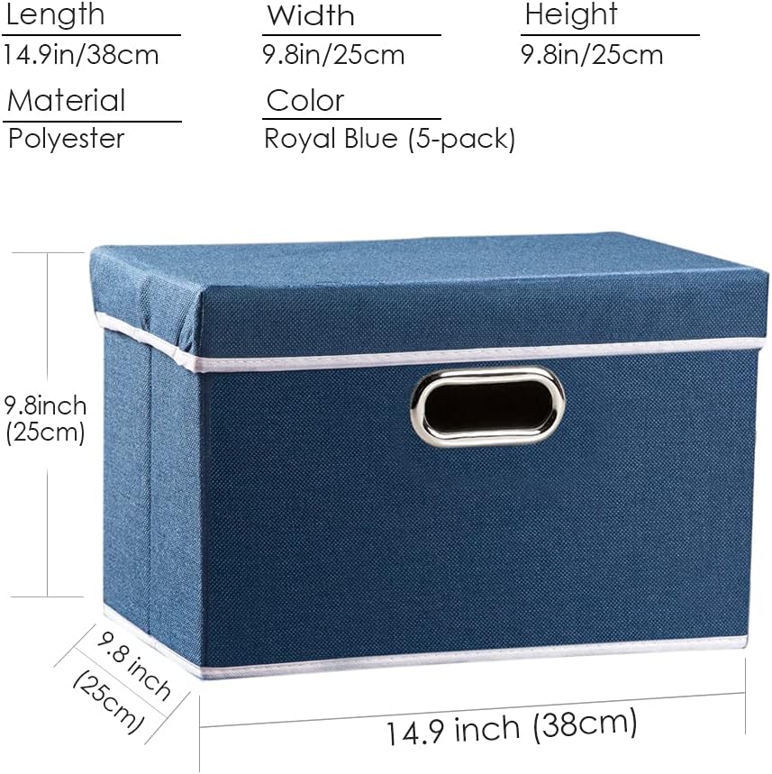 PRANDOM Foldable Storage Bin with Lid [5-Pack] Linen Fabric Decorative Storage Box Organizer Container Basket Cube with Handles Divider for Closet Office Living Room Royal Blue(14.9x9.8x9.8)