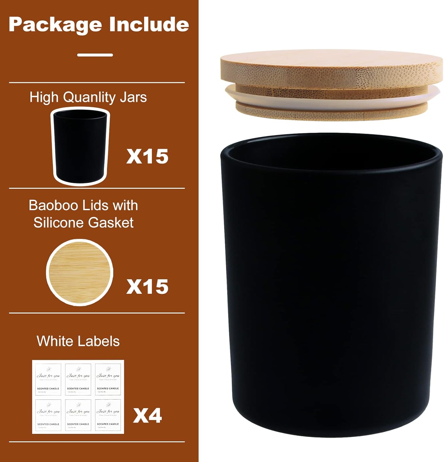 CONNOO 15 Pack 7 OZ Halloween Candle Jars with Bamboo Lids for Making Candles, Thick Black Glass Candle Jars Empty Jars in Bulk with lids - Dishwasher Safe