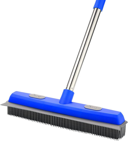 57" Rubber Broom for Pet Hair Removal, 2-in-1 Floor Brush & Squeegee, Extra Long Handle Fur Broom for Carpet, Hardwood, Tile & Windows | Pet Hair Remover with Lint Brush for Home & Auto Cleaning