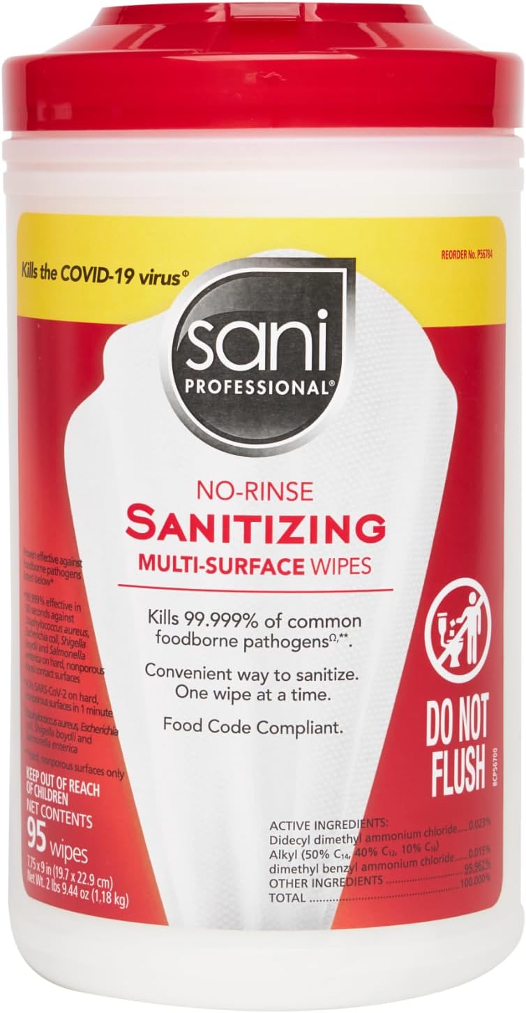 PDI Sani-Professional No-Rinse Sanitizing Wipes, Multi-Surface Cleaning for Food Contact Surfaces, Kitchens, Restaurant Tables, 95 Large 7.75" x 9" Wipes per Canister