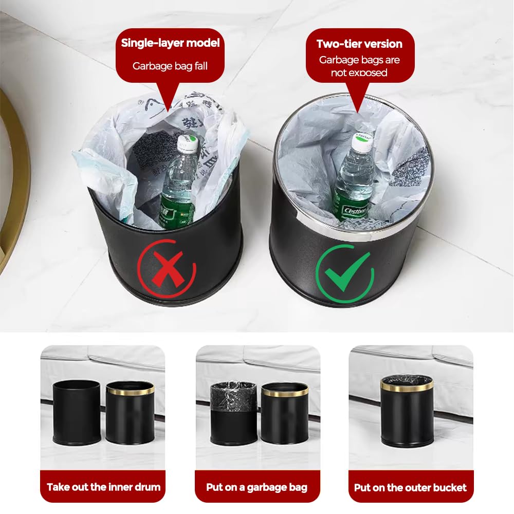 14L/3.7GAL Black and Gold Open Top Trash Can - Metal Office Wastebasket Without Lid for Office, Hotel, Store, Restaurant