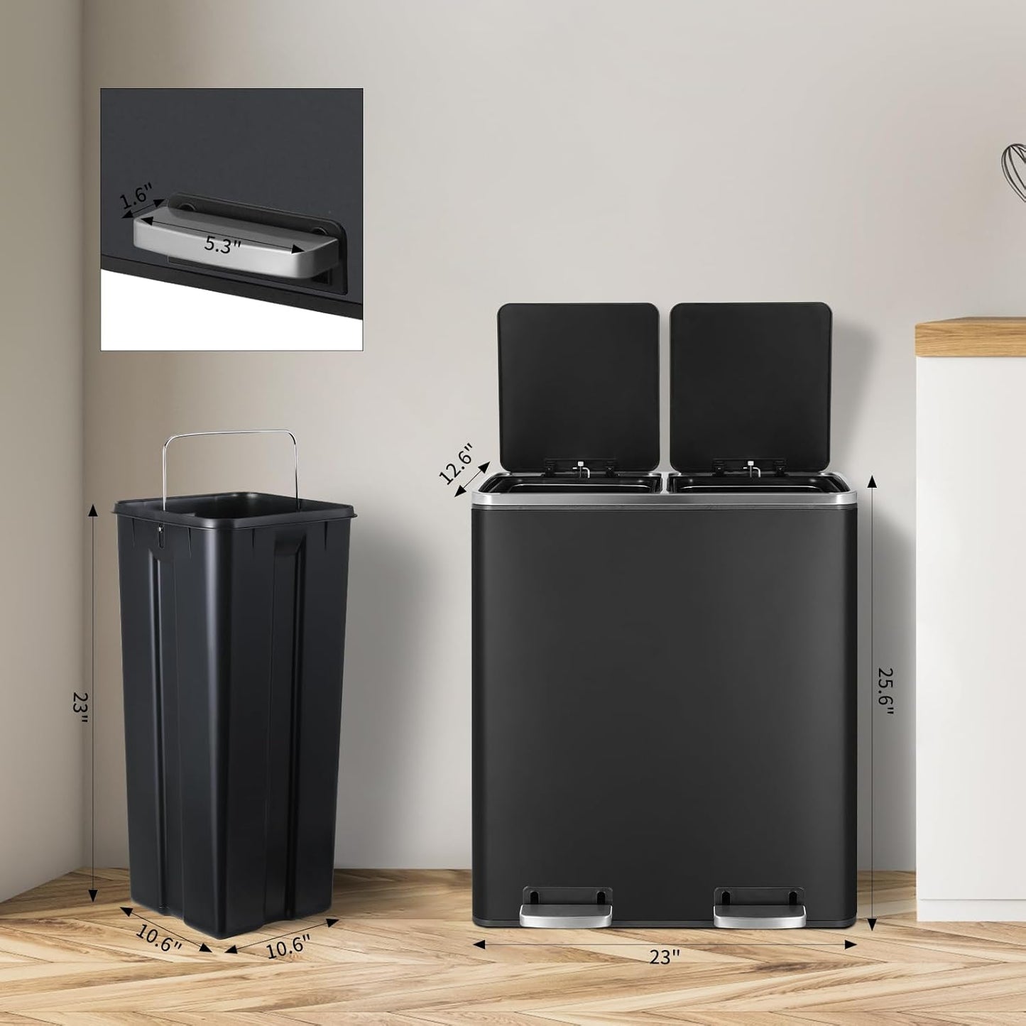 16 Gallon Rectangular Stainless Steel Trash Can, Dual Compartment Garbage Bin with Recycling Combo, Metal Dustbin Lid, Removable Liner, Indoor Hands Free Waste Bucket for Kitchen Home